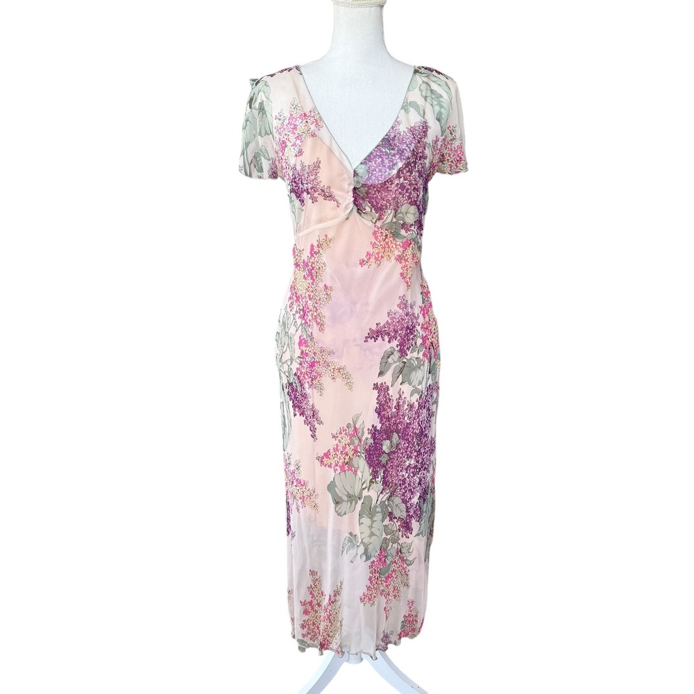 Hartnell Silk Floral Lilac Print Chiffon Midi Dress Pink Purple Flutter Sleeve